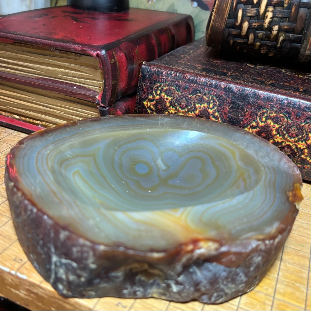 Geode Bowl Polished Natural Stone 6.6”x5”x1.25” Earthy Neutral Organic 1lb14.2oz